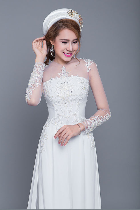 Round neck modern wedding ao dai