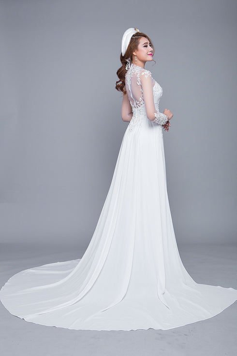 Round neck modern wedding ao dai