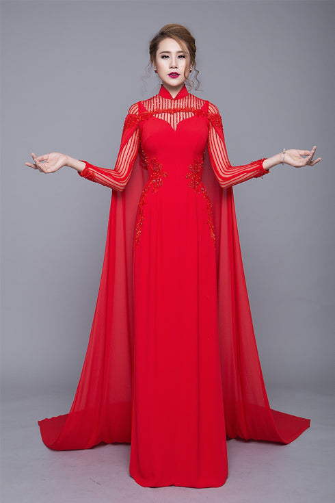 Detachable cape modern wedding ao dai