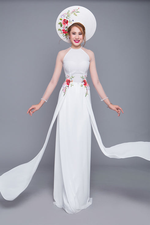 Round neck floral embroidered ao dai