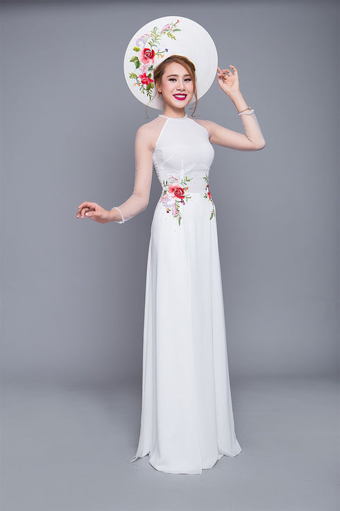 Round neck floral embroidered ao dai