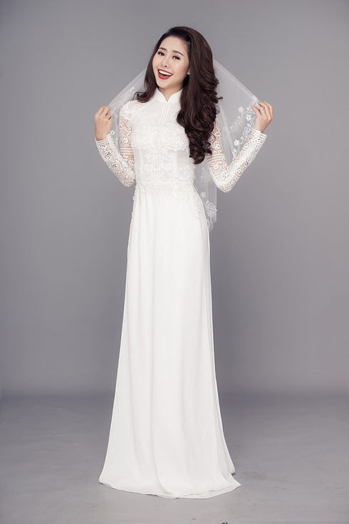 White hollow lace modern ao dai