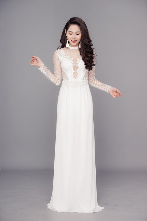 Modern embroidery lace bridal ao dai