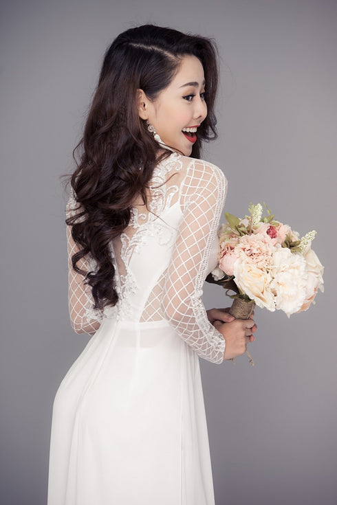 Modern embroidery lace bridal ao dai
