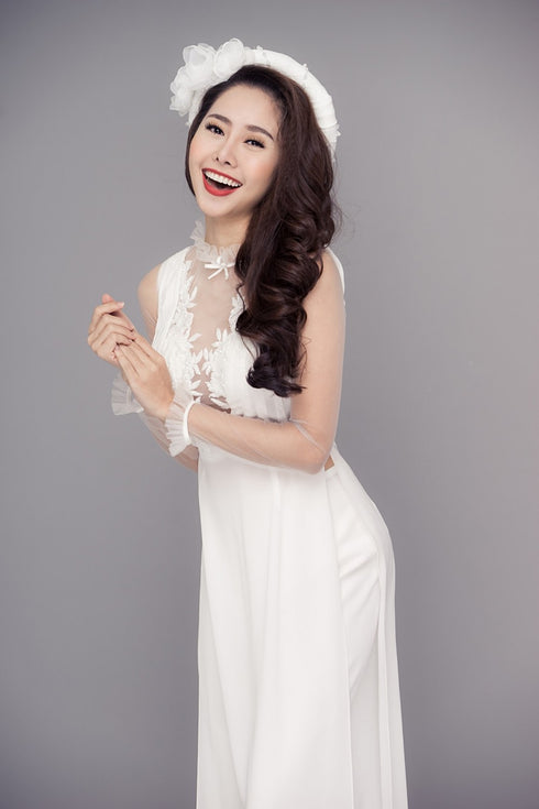Delicate pleated modern wedding ao dai