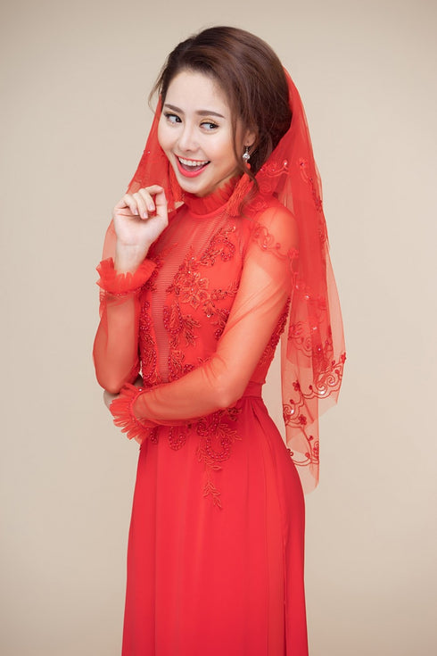 Red modern cut out beaded ao dai