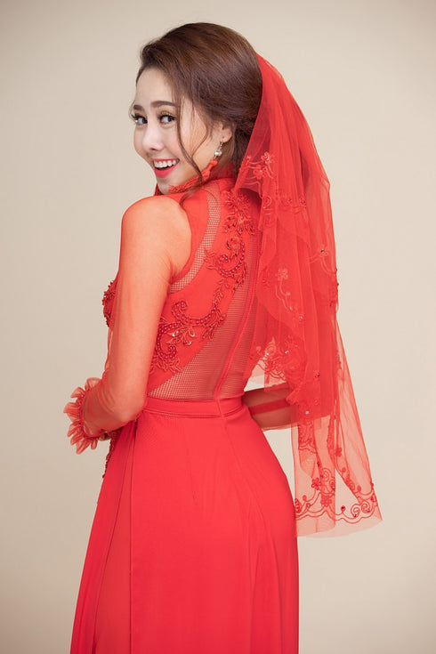 Red modern cut out beaded ao dai