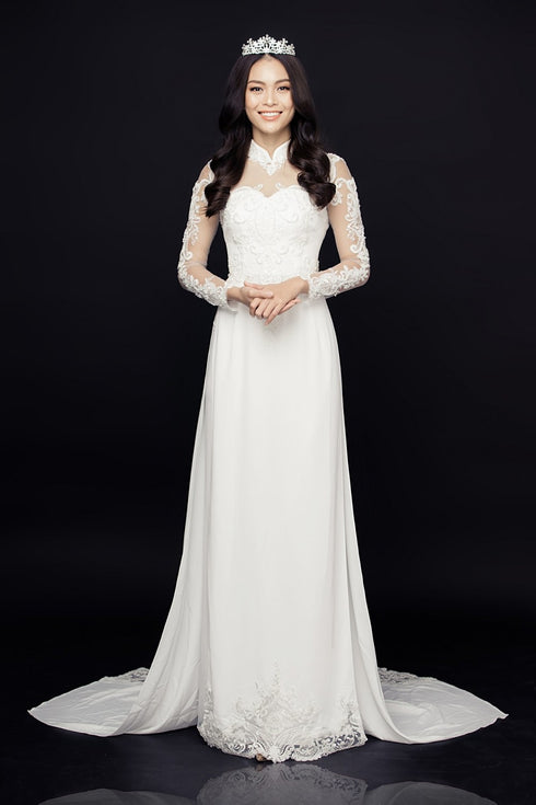 Modern embroidery lace bride ao dai
