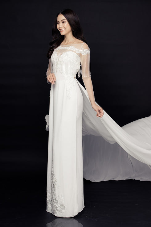 Modern long train wedding ao dai