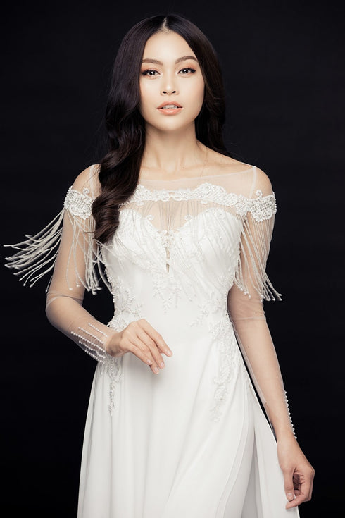 Modern long train wedding ao dai