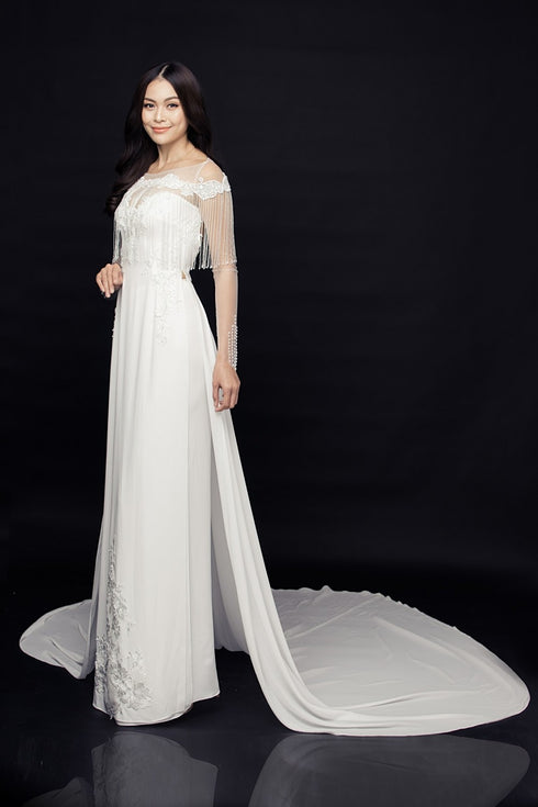 Modern long train wedding ao dai