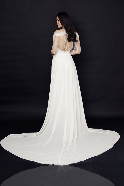 Modern long train wedding ao dai