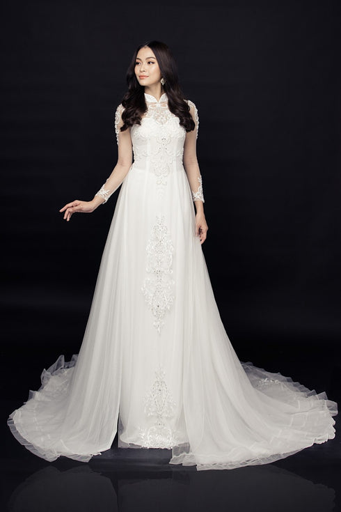 Long train beaded modern ao dai