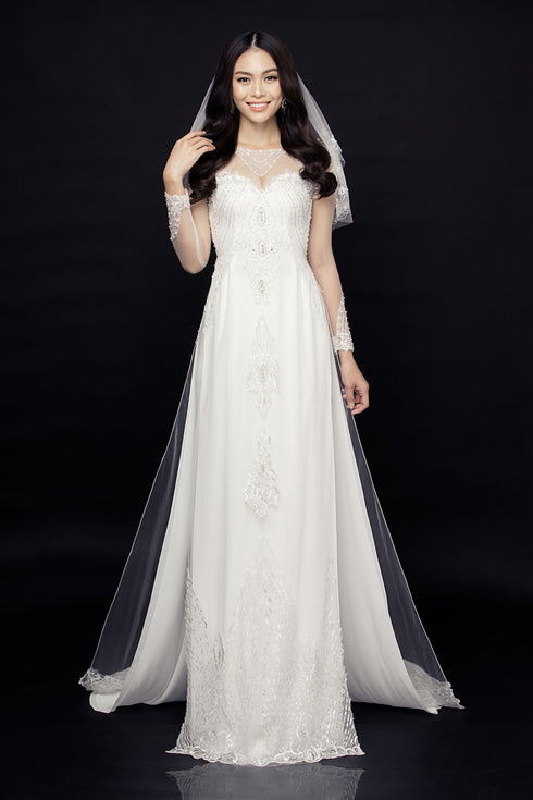 White embroidery lace bride ao dai