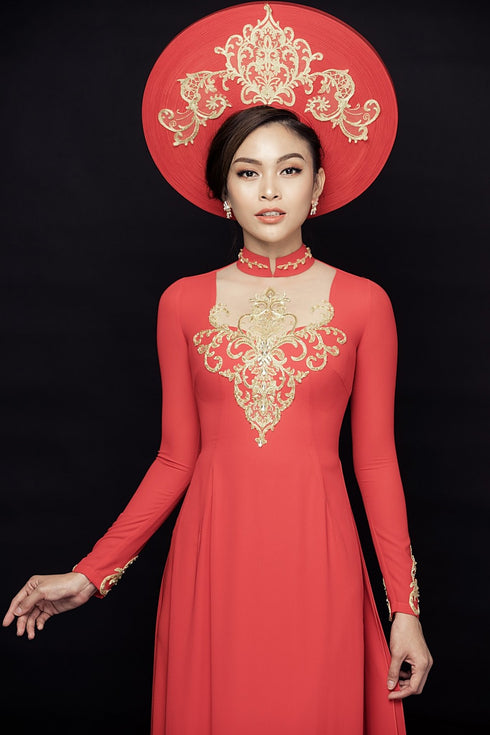 Red ao dai with gold beaded