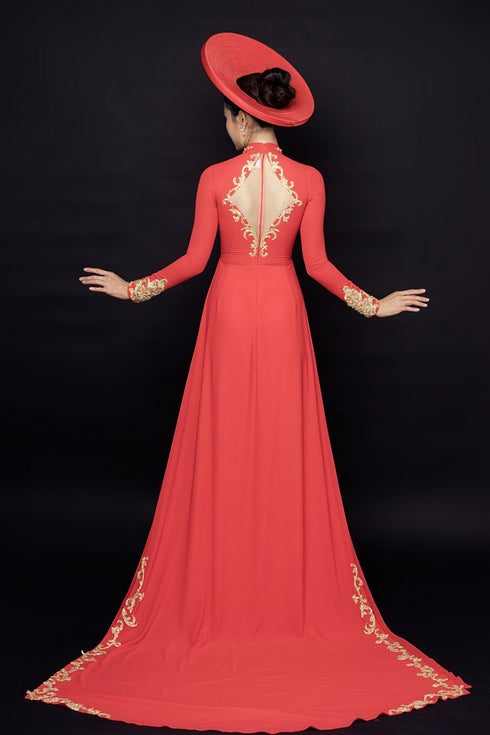 Red ao dai with gold beaded