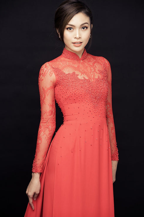 Embroidery lace beaded ao dai