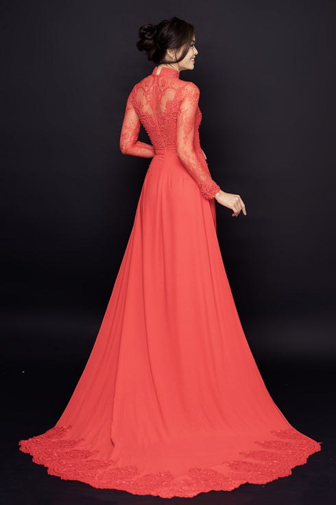 Embroidery lace beaded ao dai