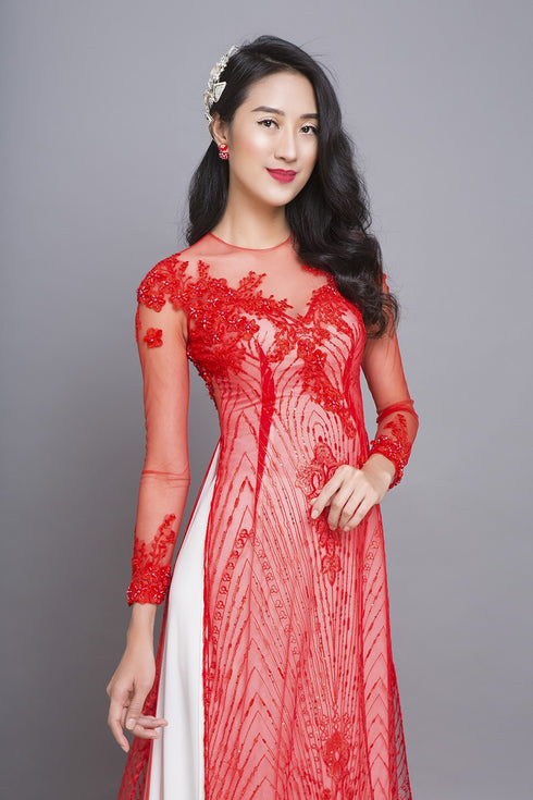 Red and white two layers ao dai