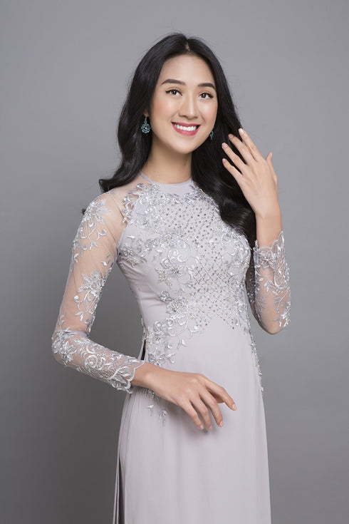 Embroidery lace round neck ao dai