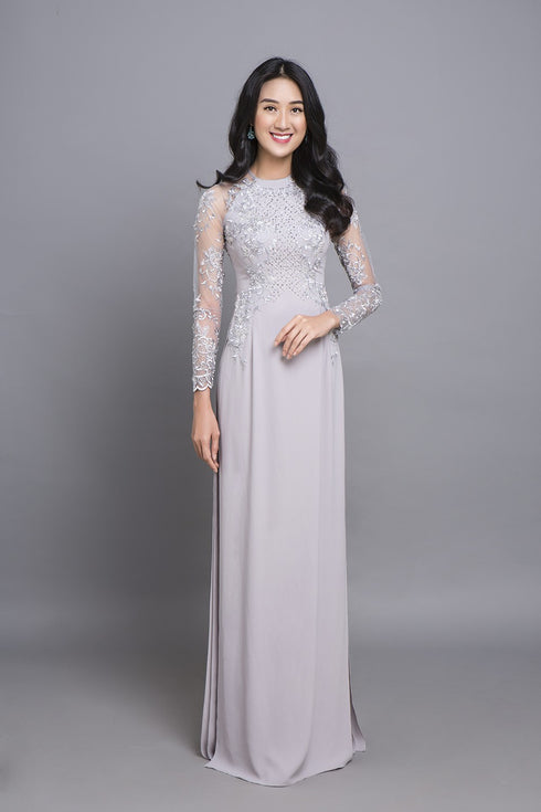 Embroidery lace round neck ao dai
