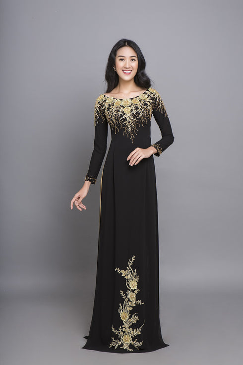 Black scoop neck 3D flowers ao dai