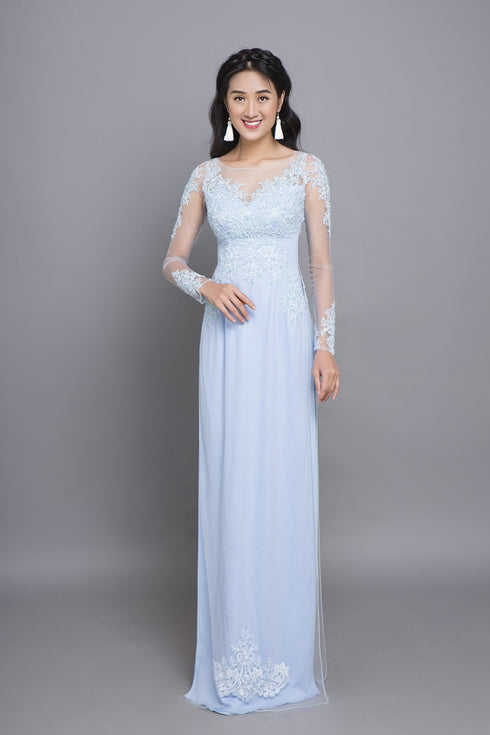 Scoop neck embroidered ao dai