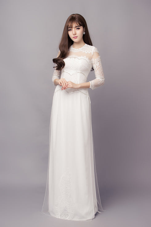 Round neck chantilly lace bridal ao dai