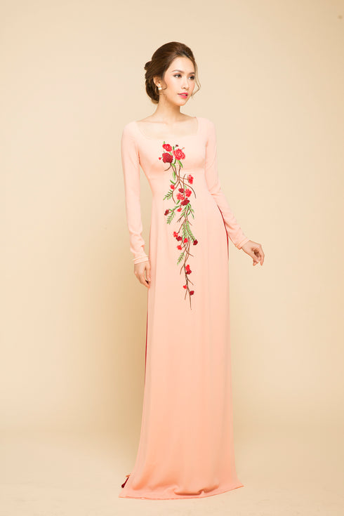 Square neckline hand embroidered ao dai