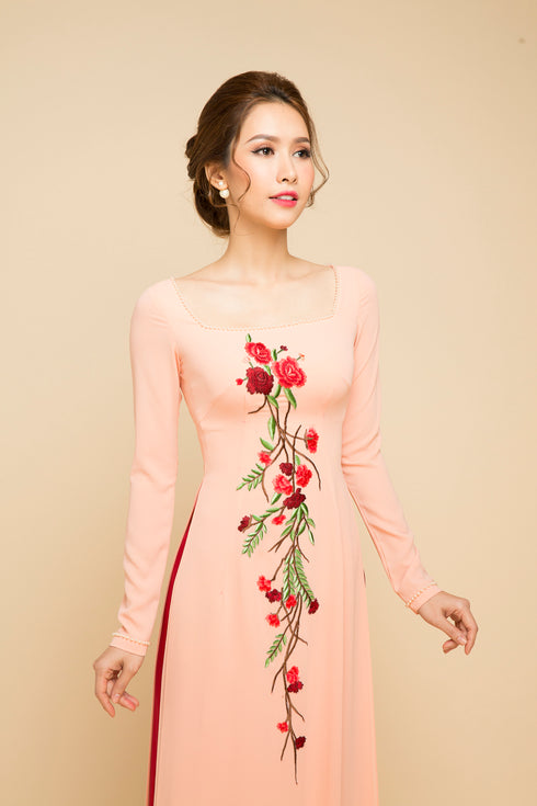Square neckline hand embroidered ao dai