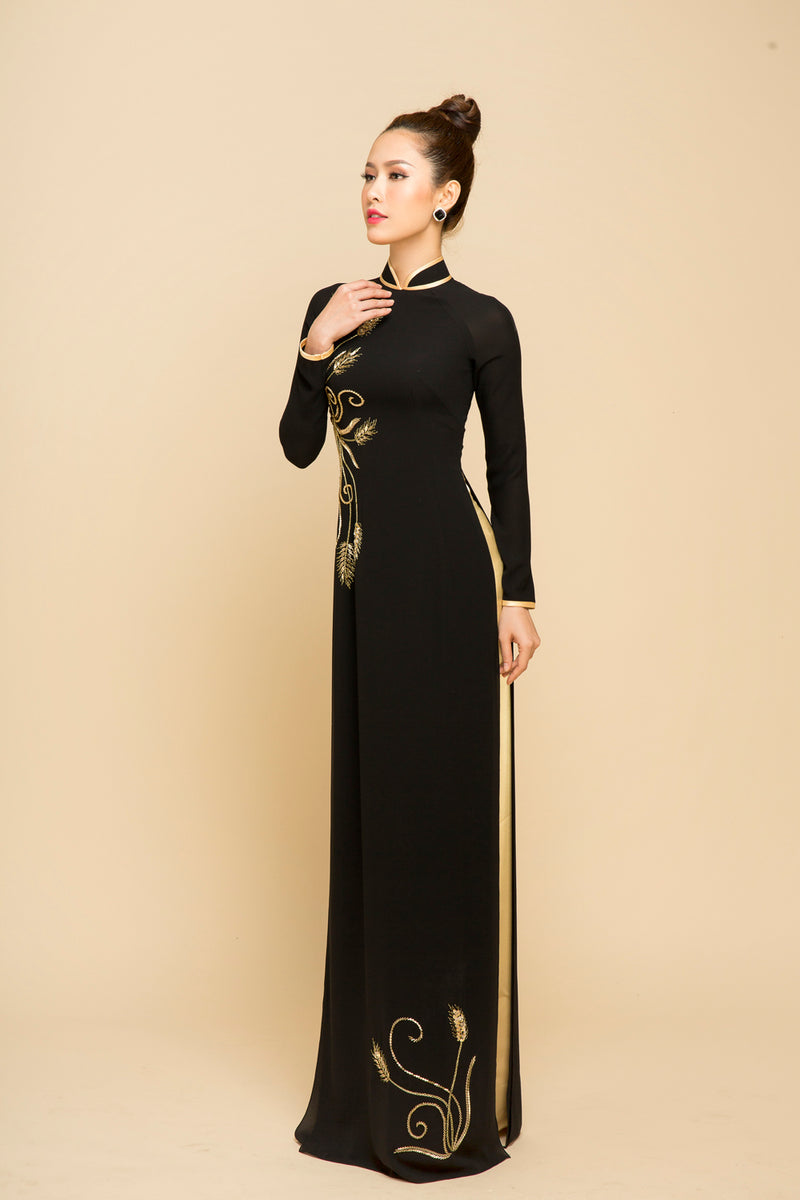 Black with gold beaded tradtional ao dai LAHAVA Black with gold beaded tradtional ao dai LAHAVA
