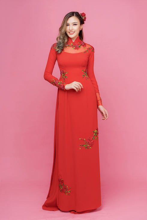 Modern cut out neckline embroidered ao dai