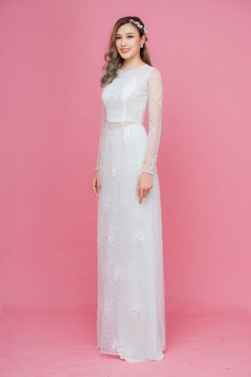 White scoop neck embroidery lace ao dai