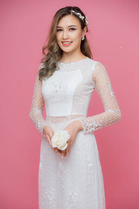 White scoop neck embroidery lace ao dai