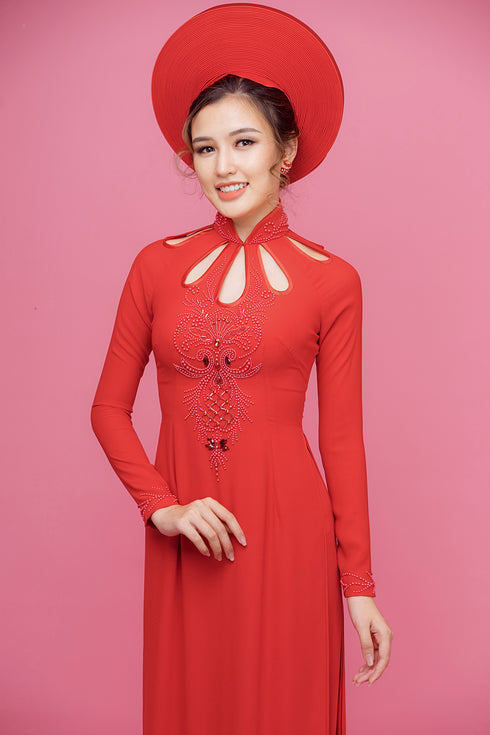 Red cut out neckline beaded ao dai