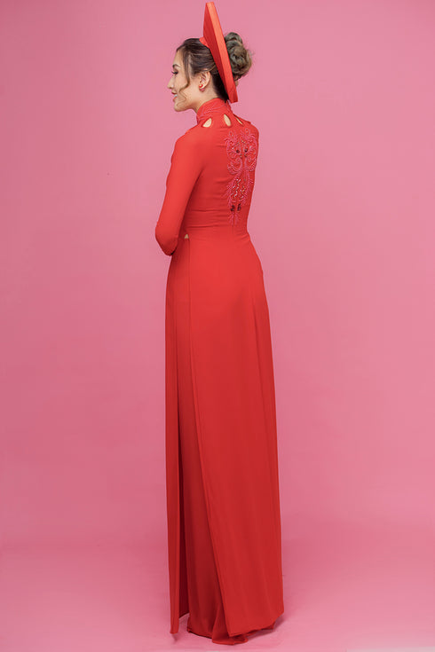 Red cut out neckline beaded ao dai
