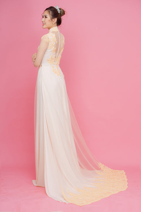 Beige ao dai with high neck beaded