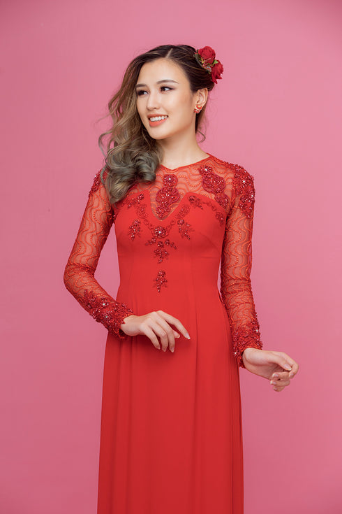 Red modern ao dai beaded