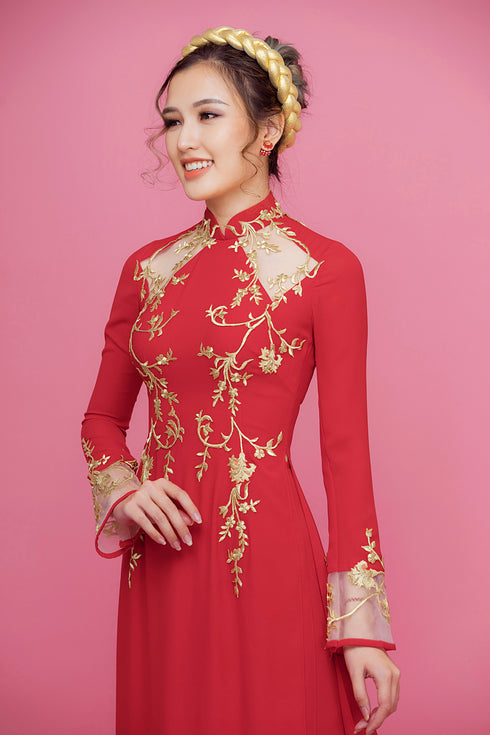 Red modern cut out ao dai with gold lace
