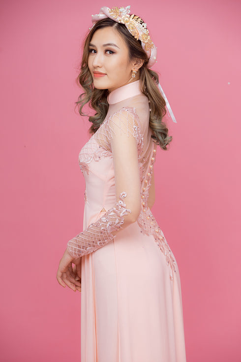 Pink modern ao dai with laces