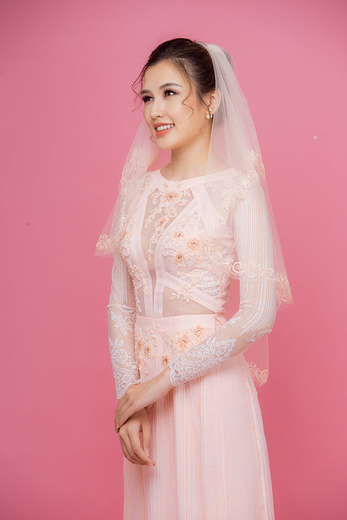 Pink round neck cut out bridal ao dai