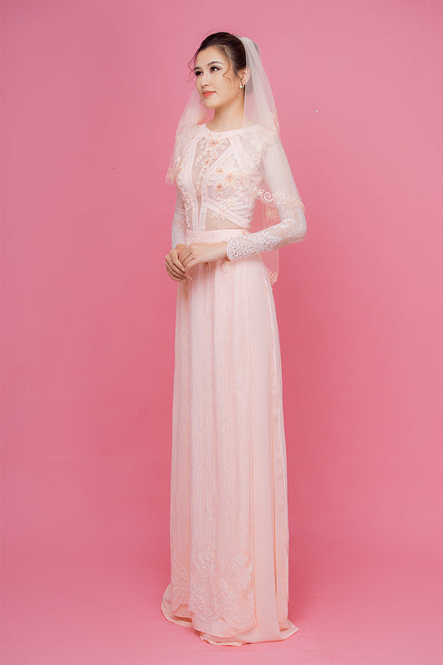 Pink round neck cut out bridal ao dai