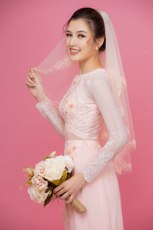 Pink round neck cut out bridal ao dai