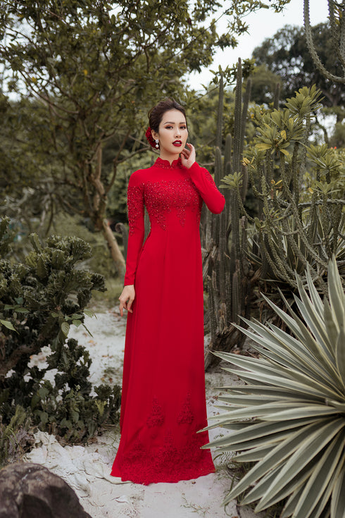 Red tradtional ao dai beaded