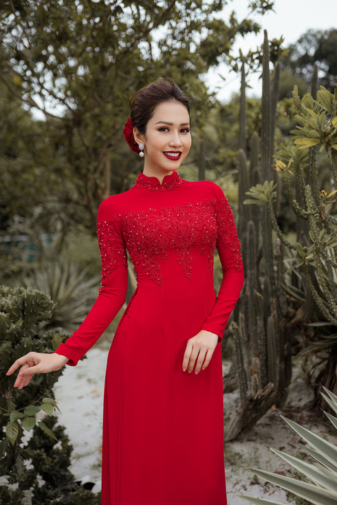 Red tradtional ao dai beaded