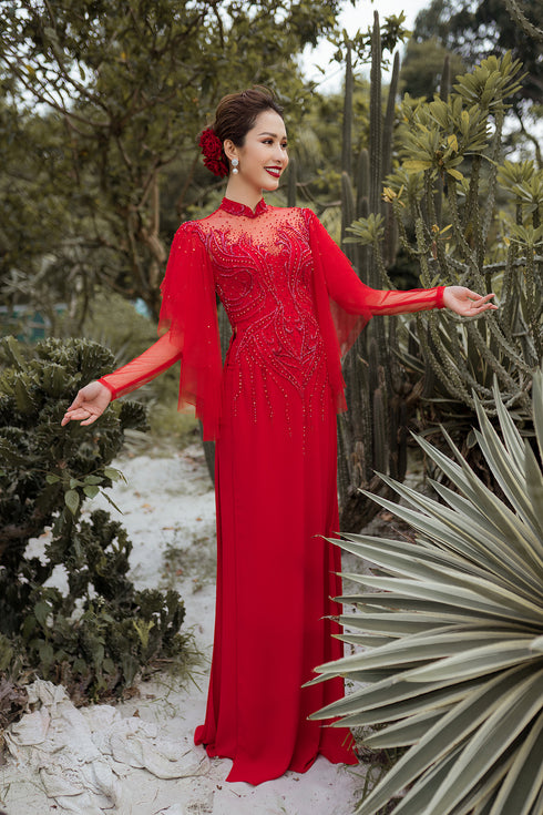 Red modern ao dai with exquisite beaded