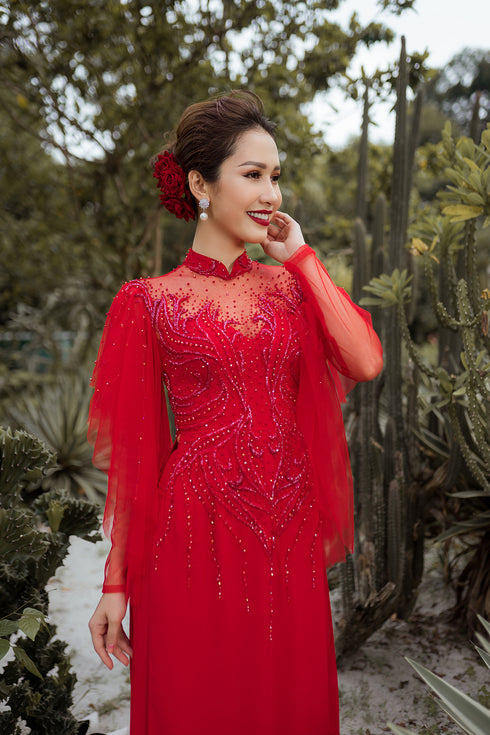 Red modern ao dai with exquisite beaded