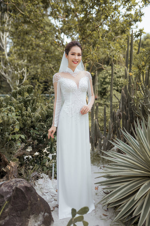 White girly ao dai beaded