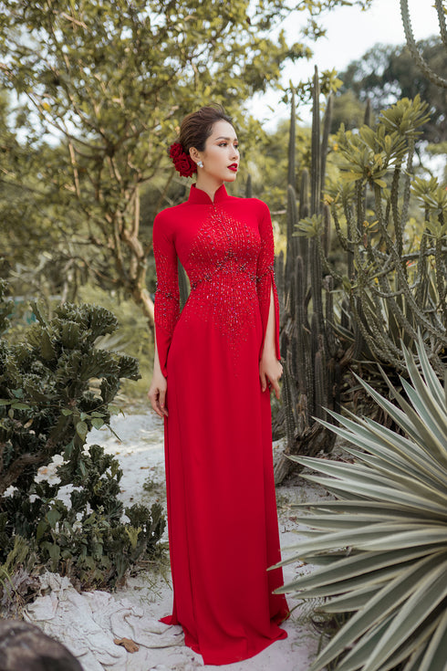 Red slit sleeves ao dai with beading