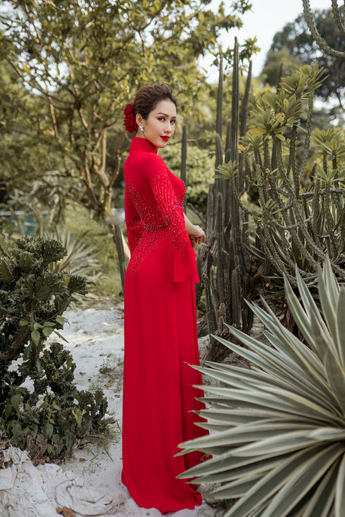 Red slit sleeves ao dai with beading